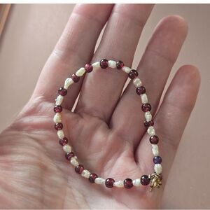 14KT Dainty Pearl And Red Crystal Bracelet